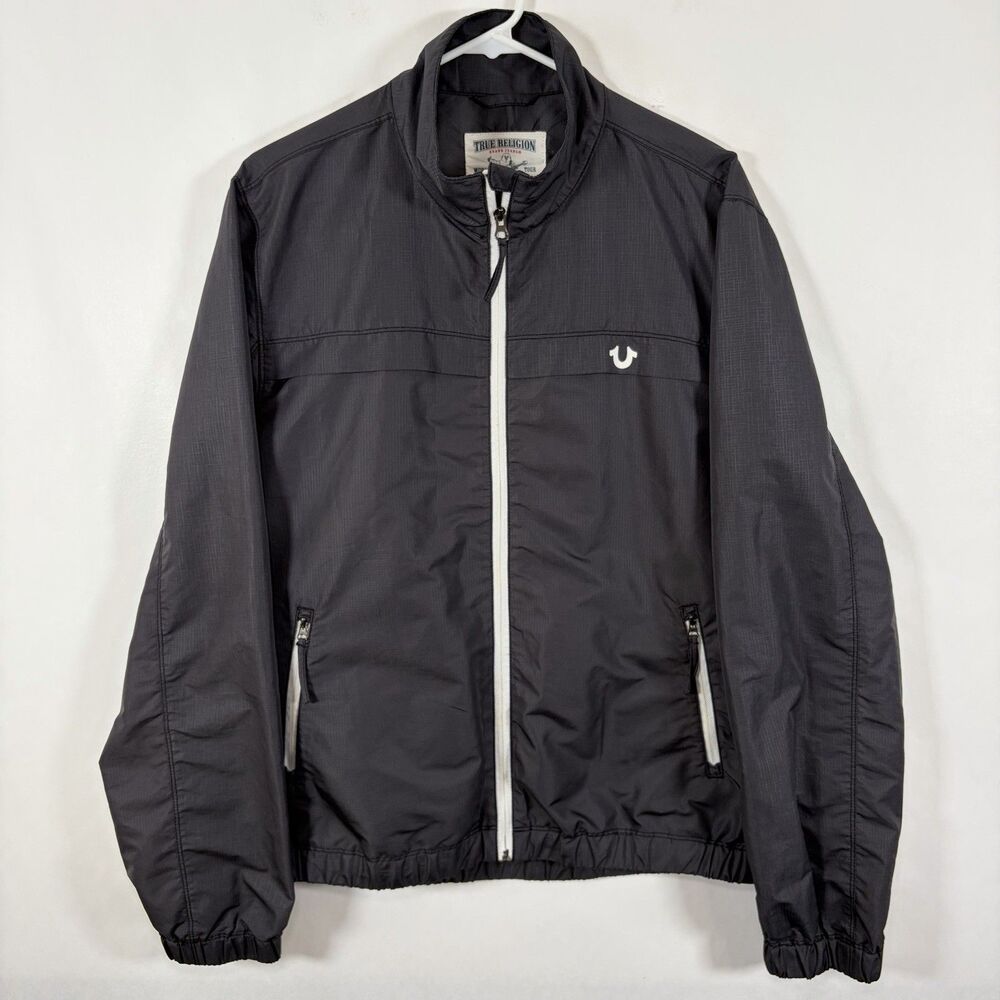 True Religion Full Zip Windbreaker Jacket Mens Size Large Gray Zipper Pockets